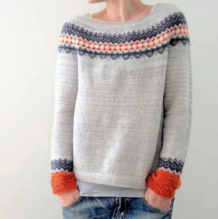 Damen Lockerer Strickpullover mit nordischem Muster - Hellgrau