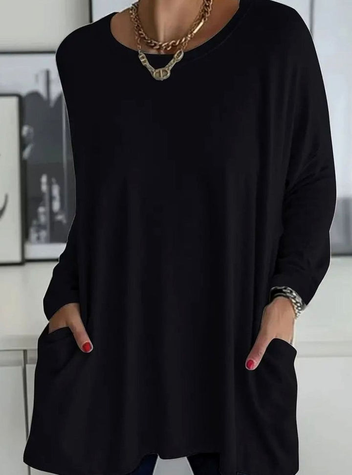 Damen Lockeres Langarmshirt mit Rundhals Seitentaschen Basic Longsleeve - Schwarz