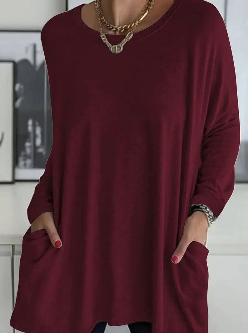 Damen Lockeres Langarmshirt mit Rundhals Seitentaschen Basic Longsleeve - Burgund