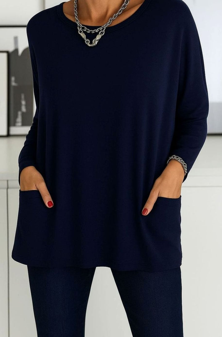 Damen Lockeres Langarmshirt mit Rundhals Seitentaschen Basic Longsleeve - Blau