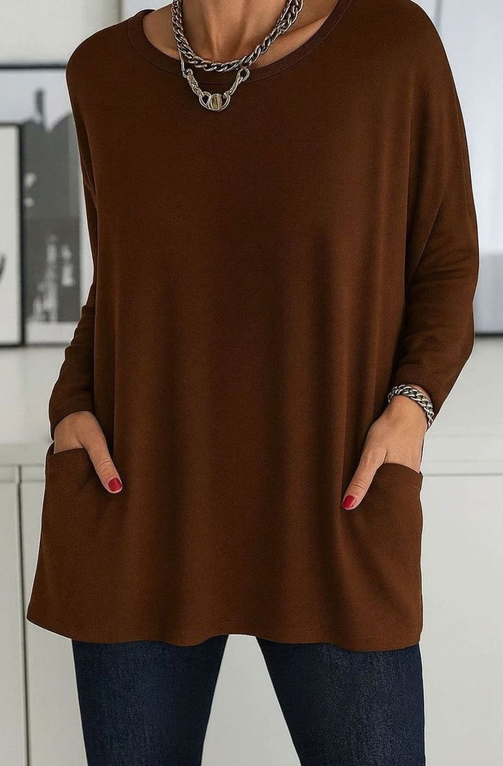 Damen Lockeres Langarmshirt mit Rundhals Seitentaschen Basic Longsleeve - Braun