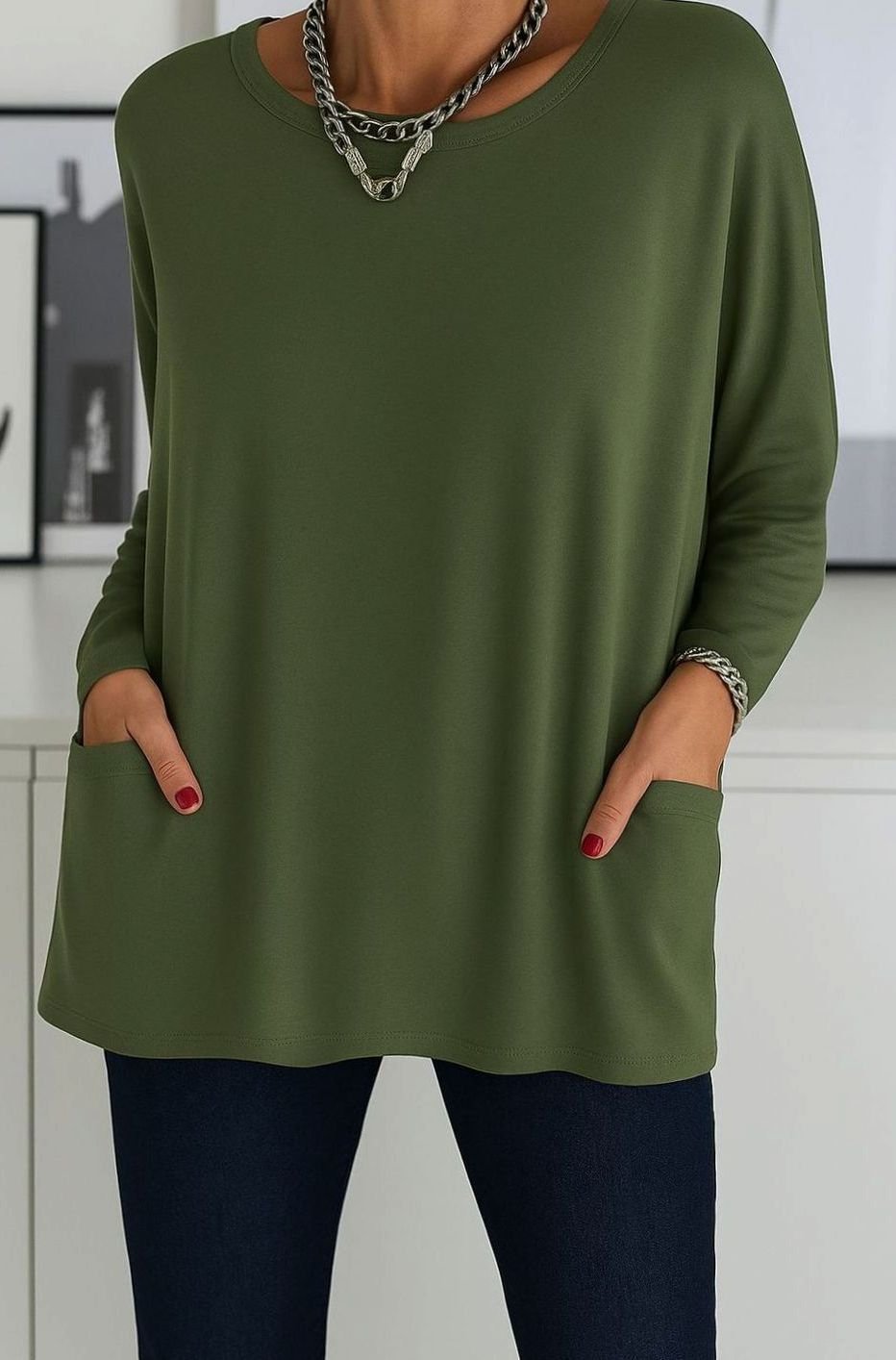 Damen Lockeres Langarmshirt mit Rundhals Seitentaschen Basic Longsleeve - Grün