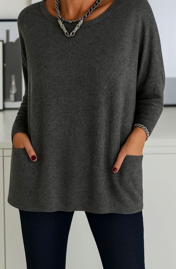 Damen Lockeres Langarmshirt mit Rundhals Seitentaschen Basic Longsleeve - Dunkelgrau