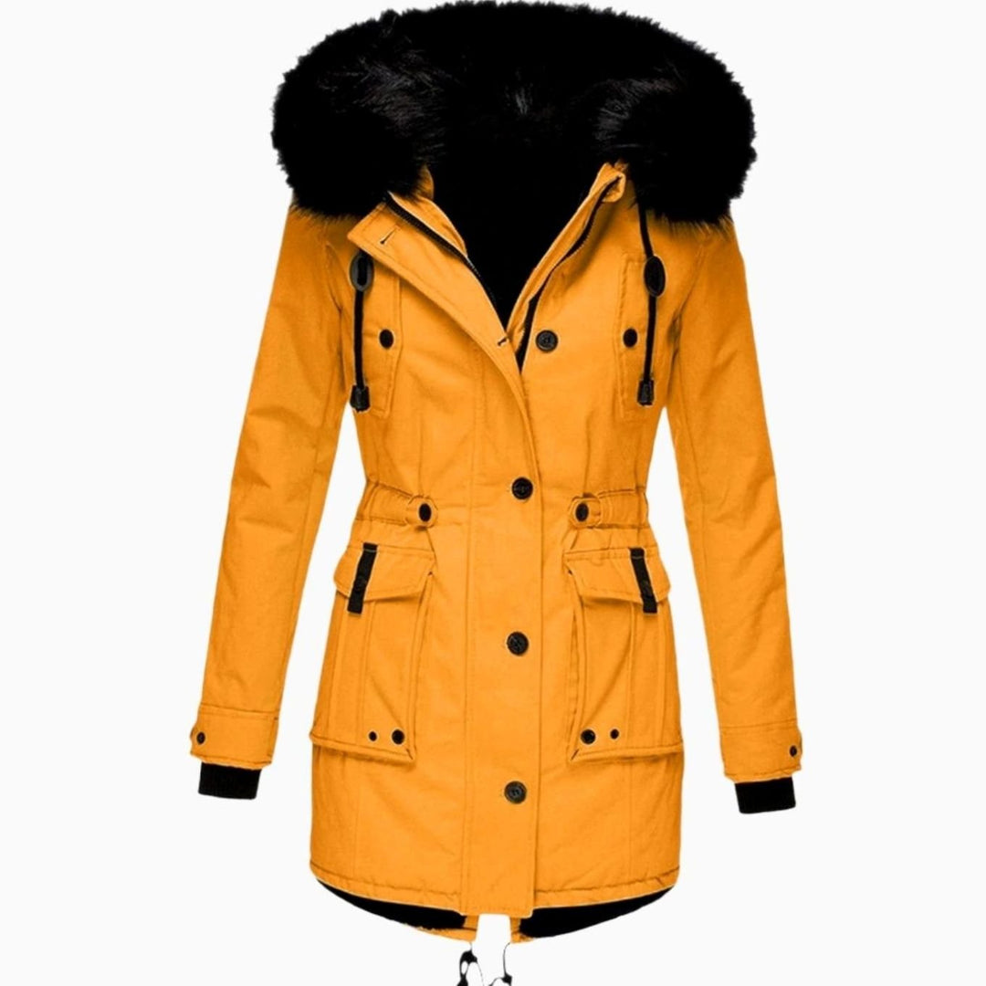 Damen Longline Kapuzen Winterjacke mit Fellkragen Taillenzug - Gold