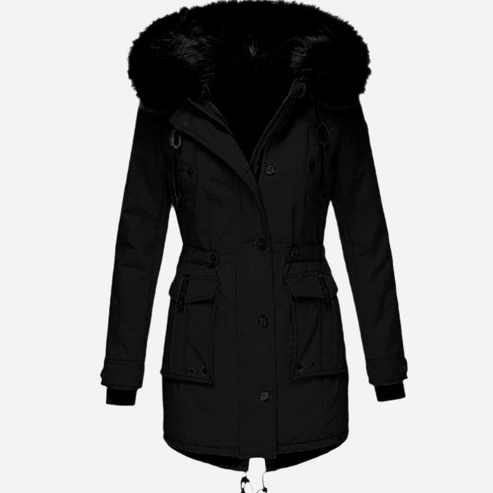 Damen Longline Kapuzen Winterjacke mit Fellkragen Taillenzug - Schwarz