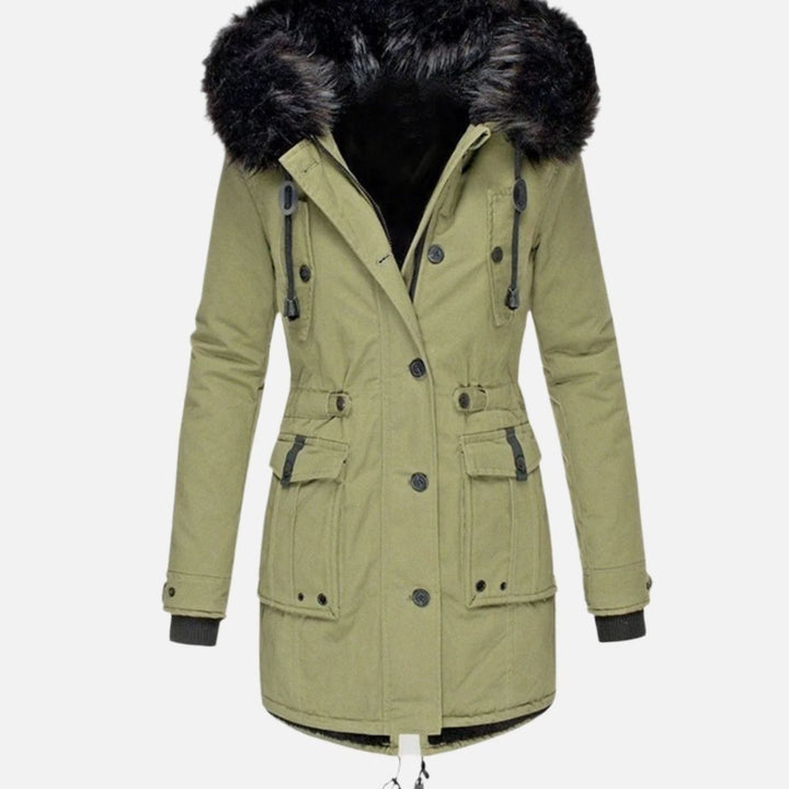 Damen Longline Kapuzen Winterjacke mit Fellkragen Taillenzug - Grün