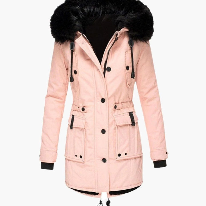 Damen Longline Kapuzen Winterjacke mit Fellkragen Taillenzug - Rosa