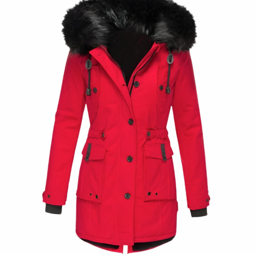 Damen Longline Kapuzen Winterjacke mit Fellkragen Taillenzug - Rot