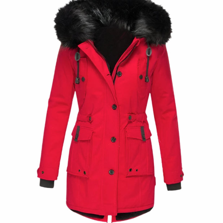 Damen Longline Kapuzen Winterjacke mit Fellkragen Taillenzug - Rot