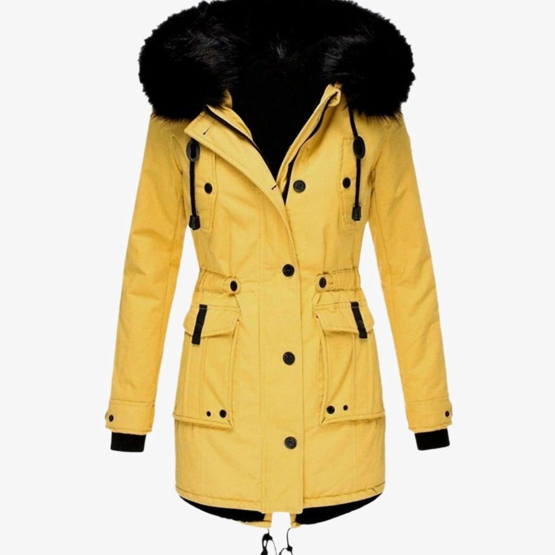 Damen Longline Kapuzen Winterjacke mit Fellkragen Taillenzug - Gelb