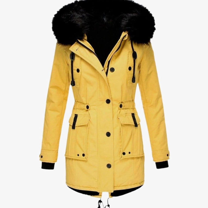 Damen Longline Kapuzen Winterjacke mit Fellkragen Taillenzug - Gelb
