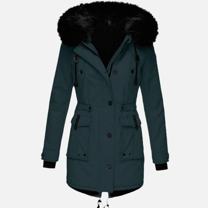 Damen Longline Kapuzen Winterjacke mit Fellkragen Taillenzug