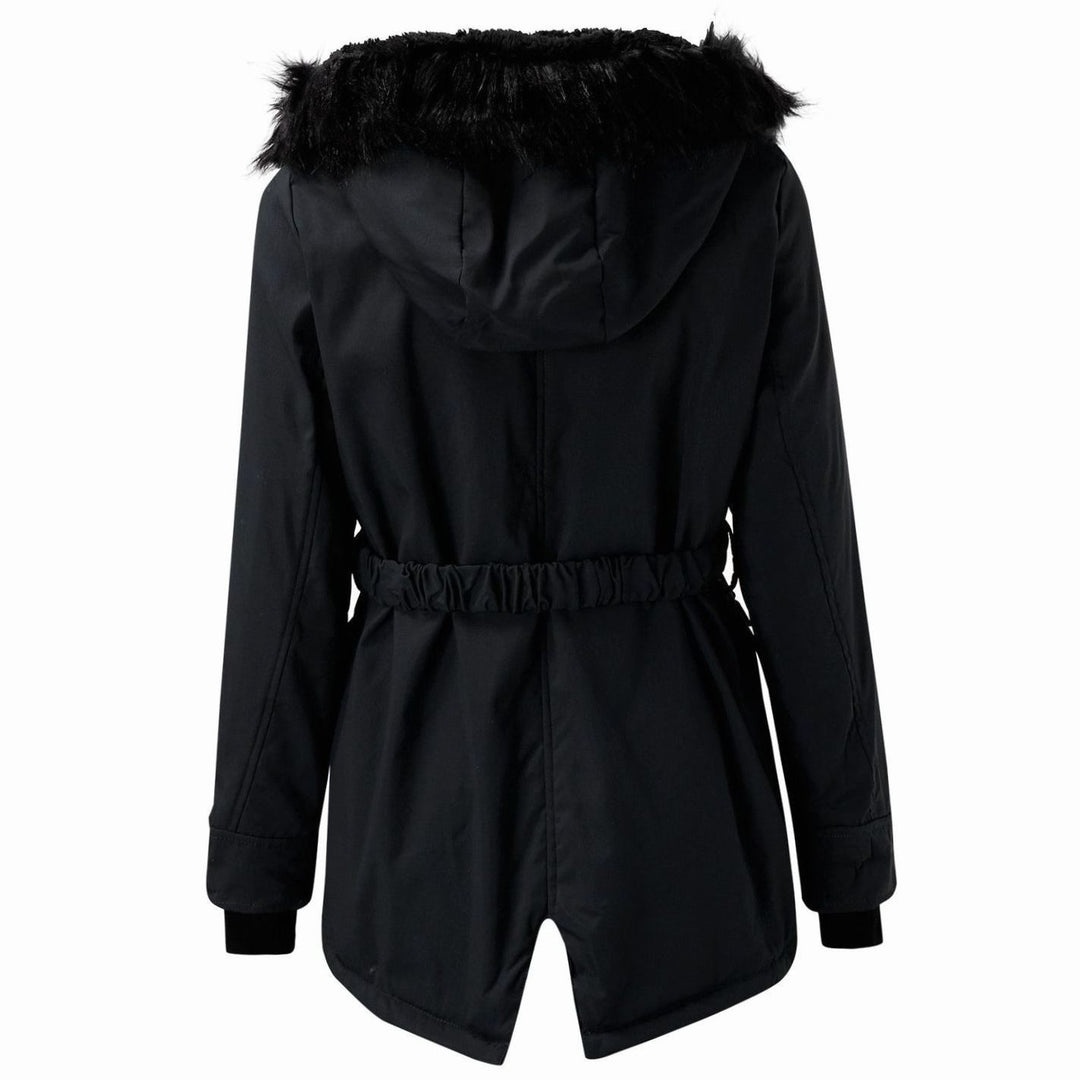 Damen Longline Kapuzen Winterjacke mit Fellkragen Taillenzug