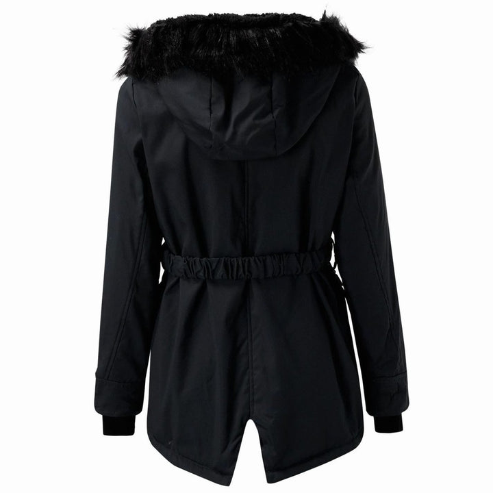 Damen Longline Kapuzen Winterjacke mit Fellkragen Taillenzug