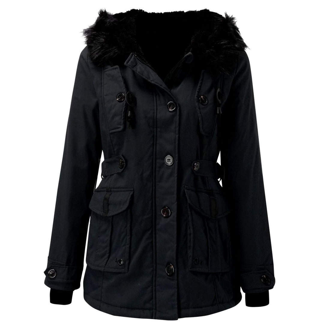Damen Longline Kapuzen Winterjacke mit Fellkragen Taillenzug