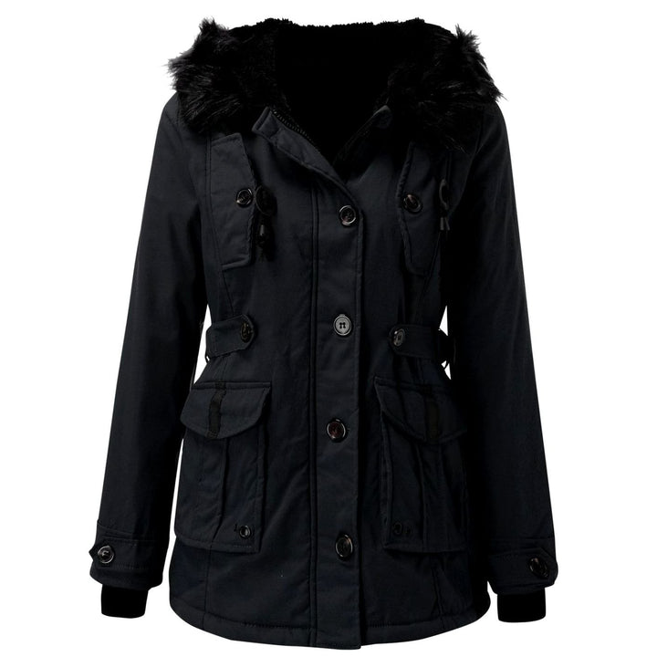 Damen Longline Kapuzen Winterjacke mit Fellkragen Taillenzug
