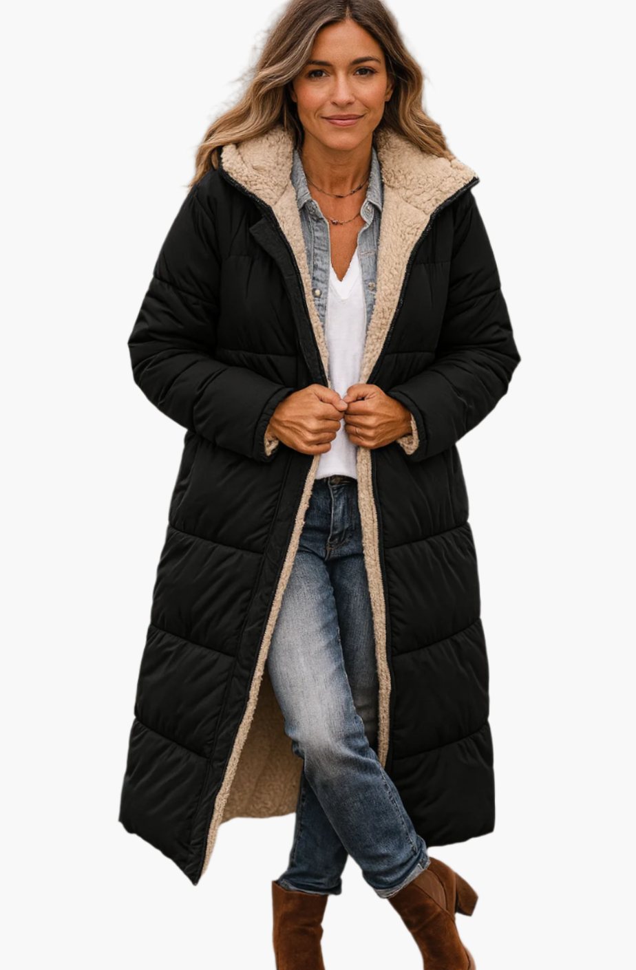 Damen Longline Sherpa-Gefütterte Kapuzen Puffer Jacke - Schwarz