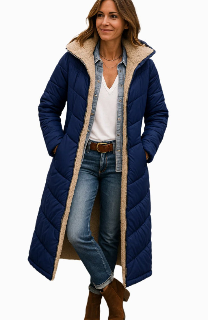 Damen Longline Sherpa-Gefütterte Kapuzen Puffer Jacke - Marineblau