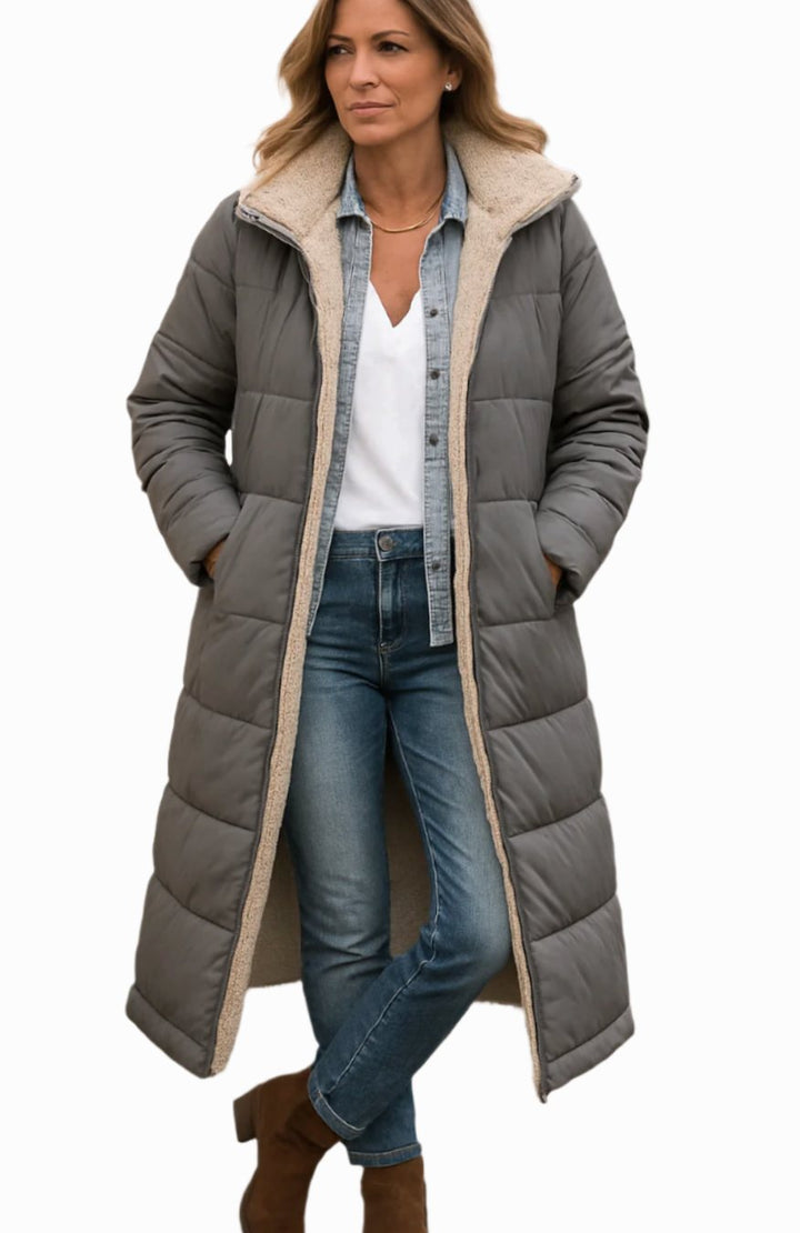 Damen Longline Sherpa-Gefütterte Kapuzen Puffer Jacke - Grau