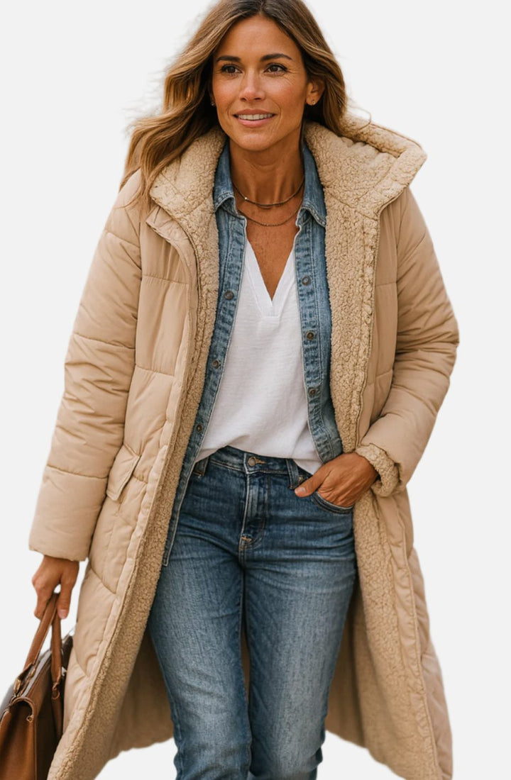 Damen Longline Sherpa-Gefütterte Kapuzen Puffer Jacke - Beige