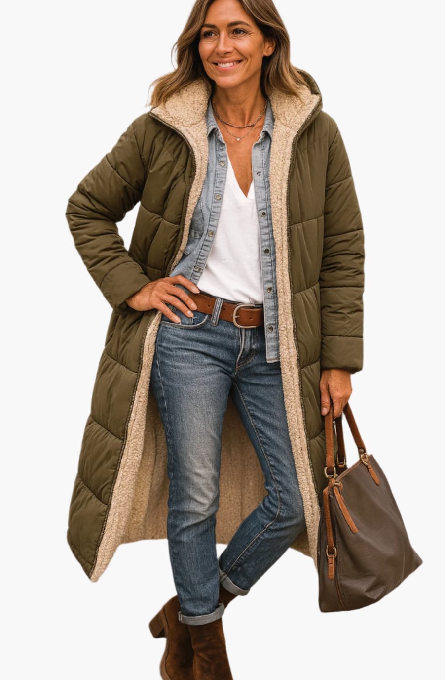 Damen Longline Sherpa-Gefütterte Kapuzen Puffer Jacke - Armeegrün