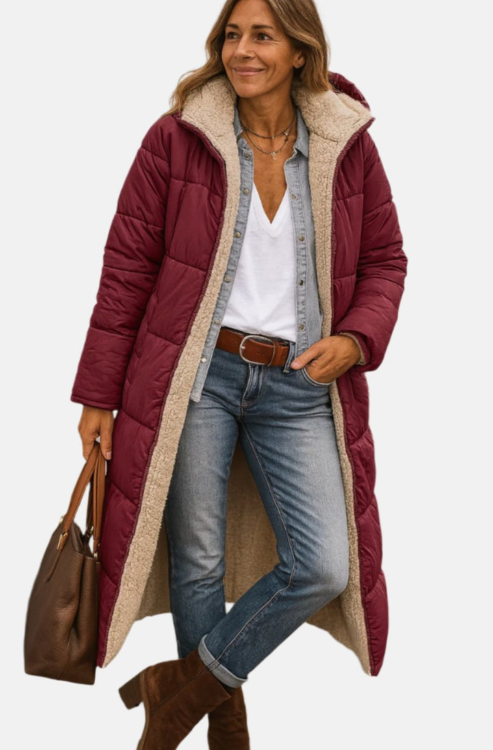 Damen Longline Sherpa-Gefütterte Kapuzen Puffer Jacke - Weinrot