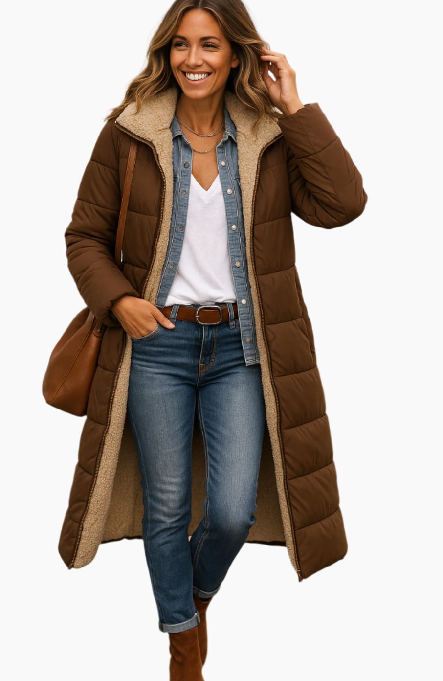 Damen Longline Sherpa-Gefütterte Kapuzen Puffer Jacke - Braun