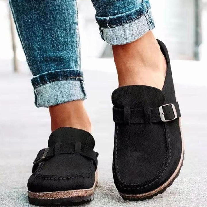 Damen Lässige Slip-On Slipper mit Schnalle Korksohle - Schwarz