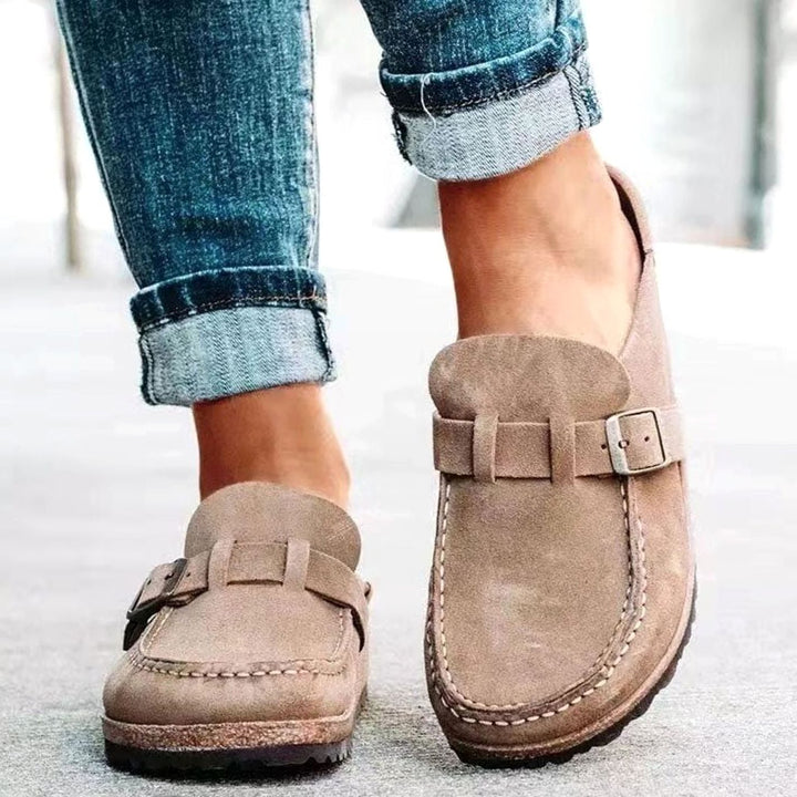 Damen Lässige Slip-On Slipper mit Schnalle Korksohle - Beige