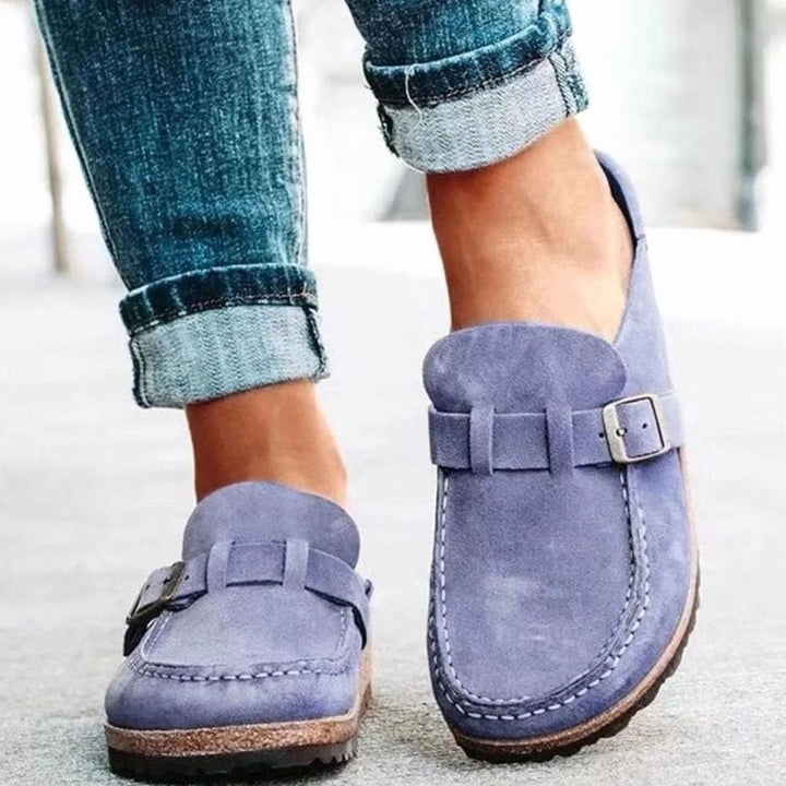 Damen Lässige Slip-On Slipper mit Schnalle Korksohle - Lila