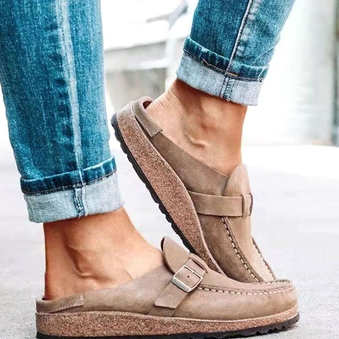 Damen Lässige Slip-On Slipper mit Schnalle Korksohle