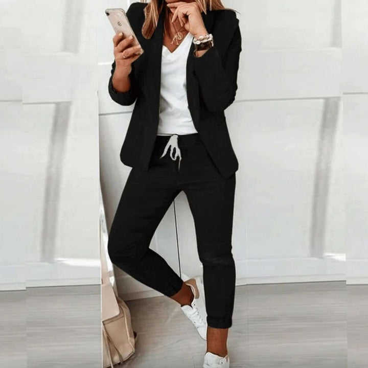 Damen Lässiges Blazer Jogger Set Eleganter Zweiteiler - Schwarz