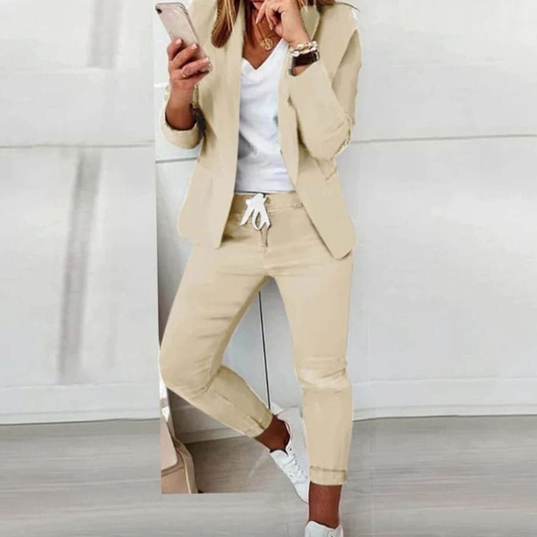 Damen Lässiges Blazer Jogger Set Eleganter Zweiteiler - Beige