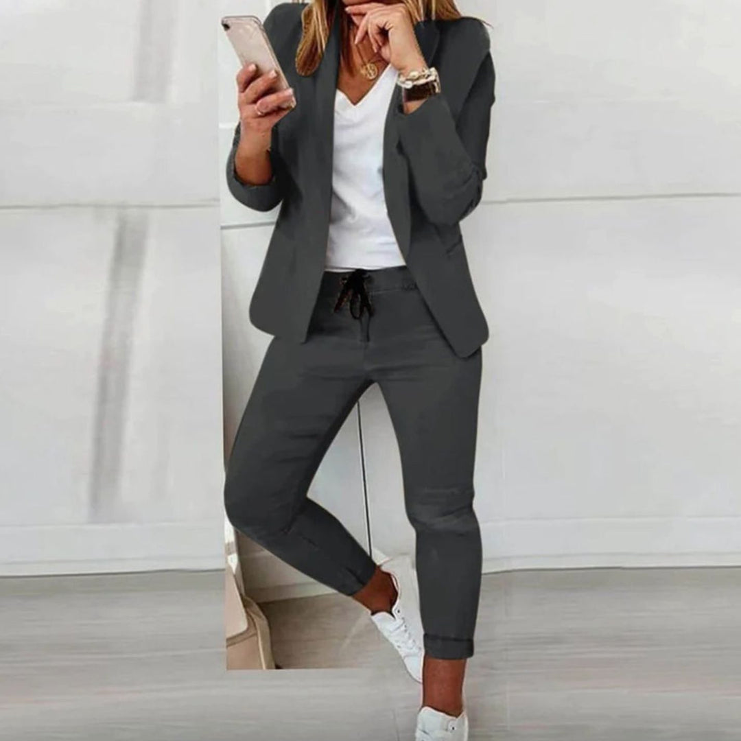 Damen Lässiges Blazer Jogger Set Eleganter Zweiteiler - Dunkelgrau