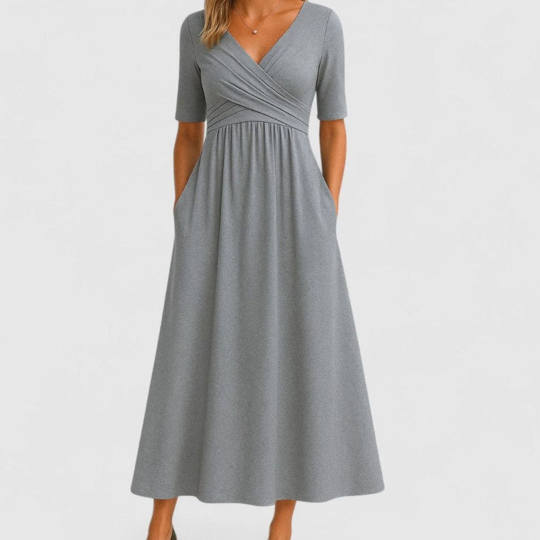 Damen Midi-Kleid mit V-Ausschnitt Wickeloptik Halbarm Taillenbetont - Grau