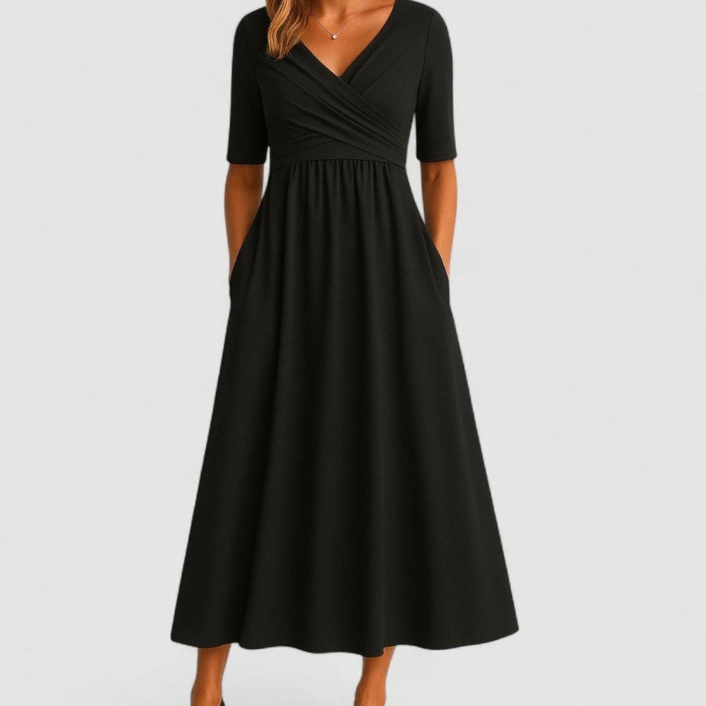Damen Midi-Kleid mit V-Ausschnitt Wickeloptik Halbarm Taillenbetont - Schwarz