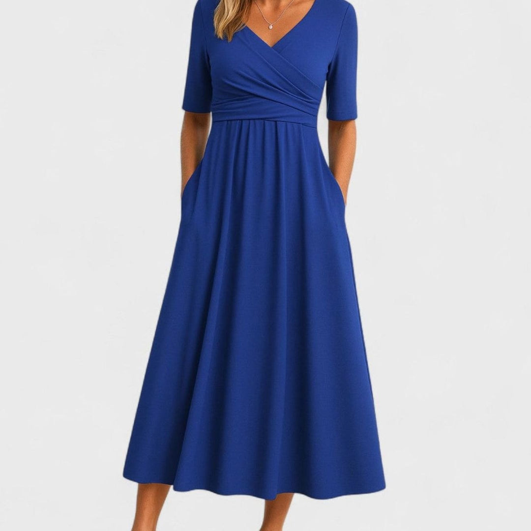 Damen Midi-Kleid mit V-Ausschnitt Wickeloptik Halbarm Taillenbetont - Blau
