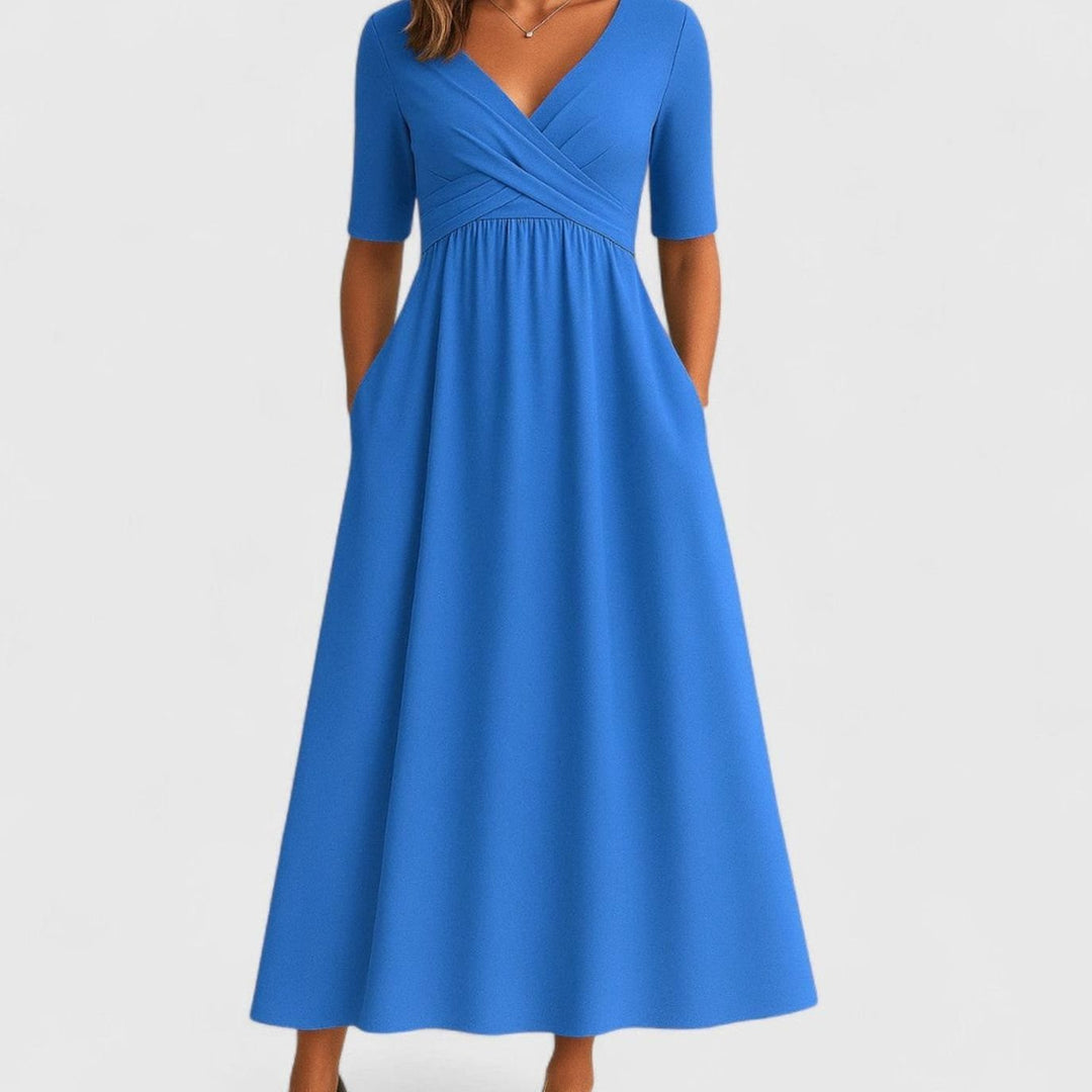 Damen Midi-Kleid mit V-Ausschnitt Wickeloptik Halbarm Taillenbetont - Azurblau