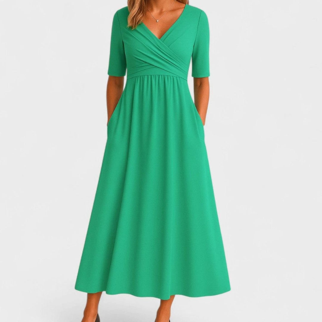 Damen Midi-Kleid mit V-Ausschnitt Wickeloptik Halbarm Taillenbetont - Grün