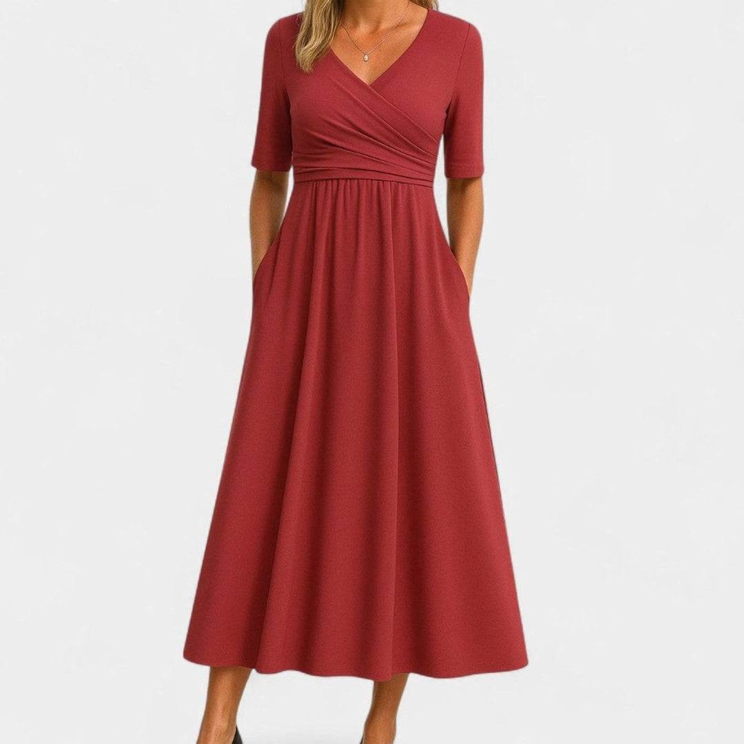 Damen Midi-Kleid mit V-Ausschnitt Wickeloptik Halbarm Taillenbetont - Rot