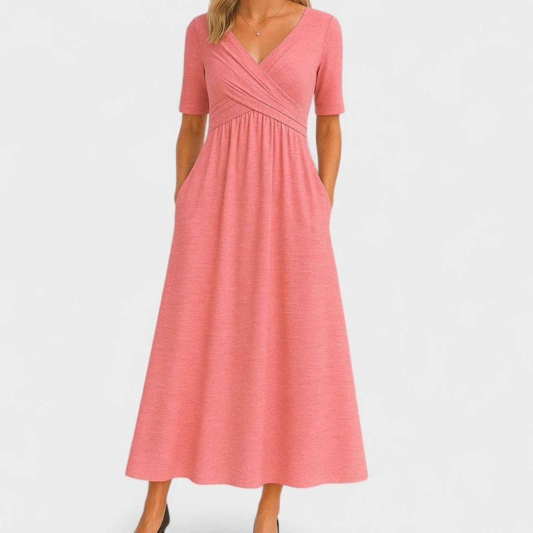 Damen Midi-Kleid mit V-Ausschnitt Wickeloptik Halbarm Taillenbetont - Rosa