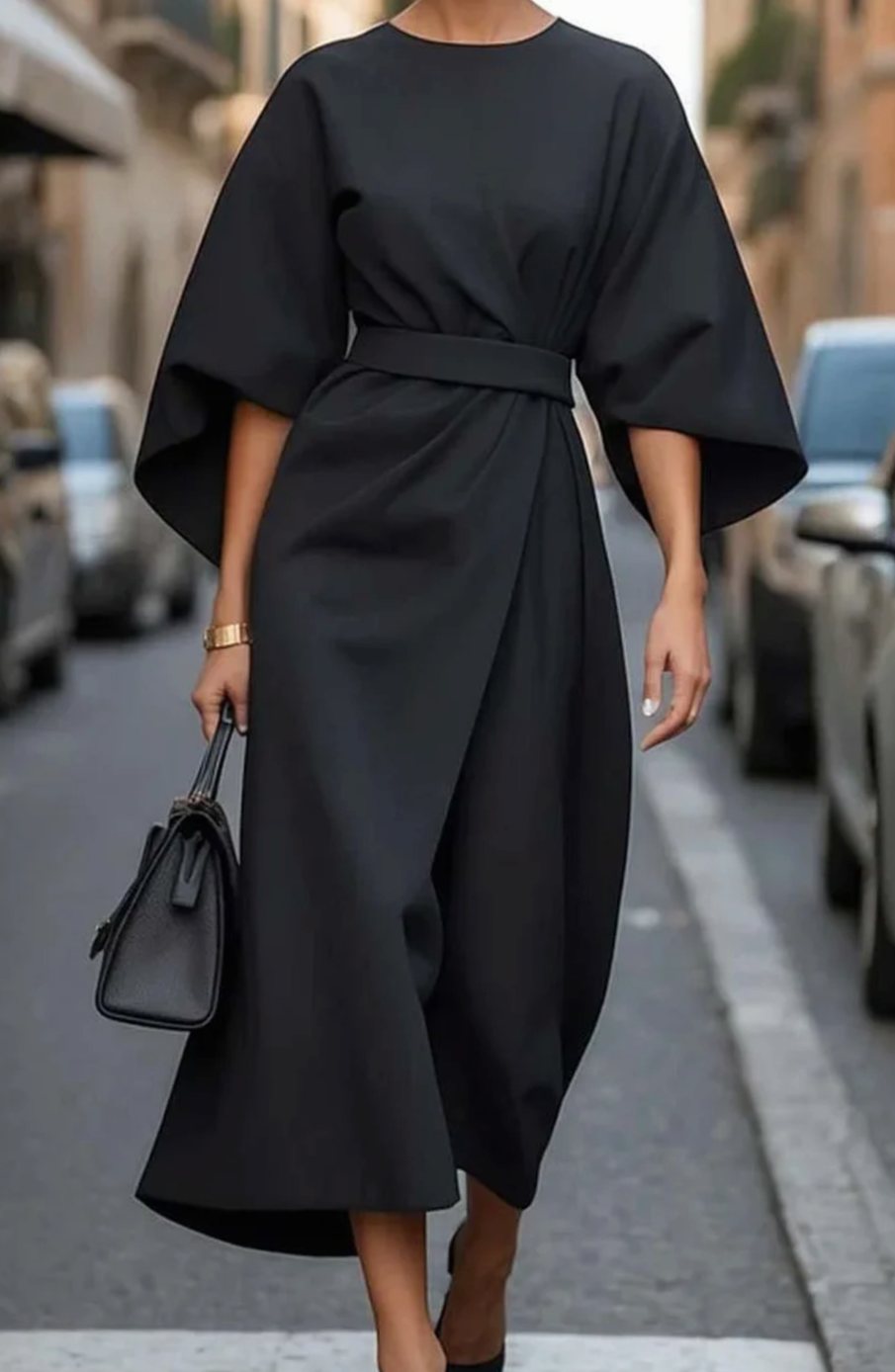 Damen Midikleid mit Taillengürtel weiten Ärmeln femininer Midi-Silhouette