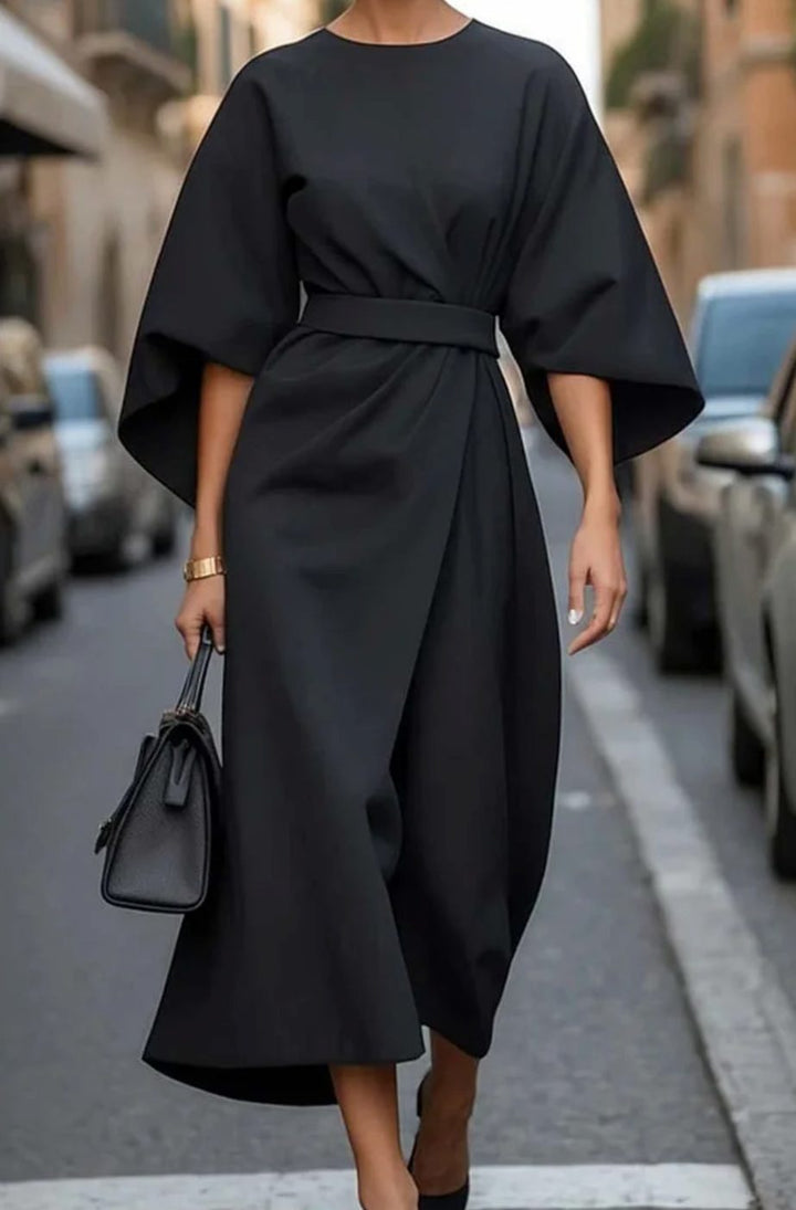 Damen Midikleid mit Taillengürtel weiten Ärmeln femininer Midi-Silhouette - Schwarz