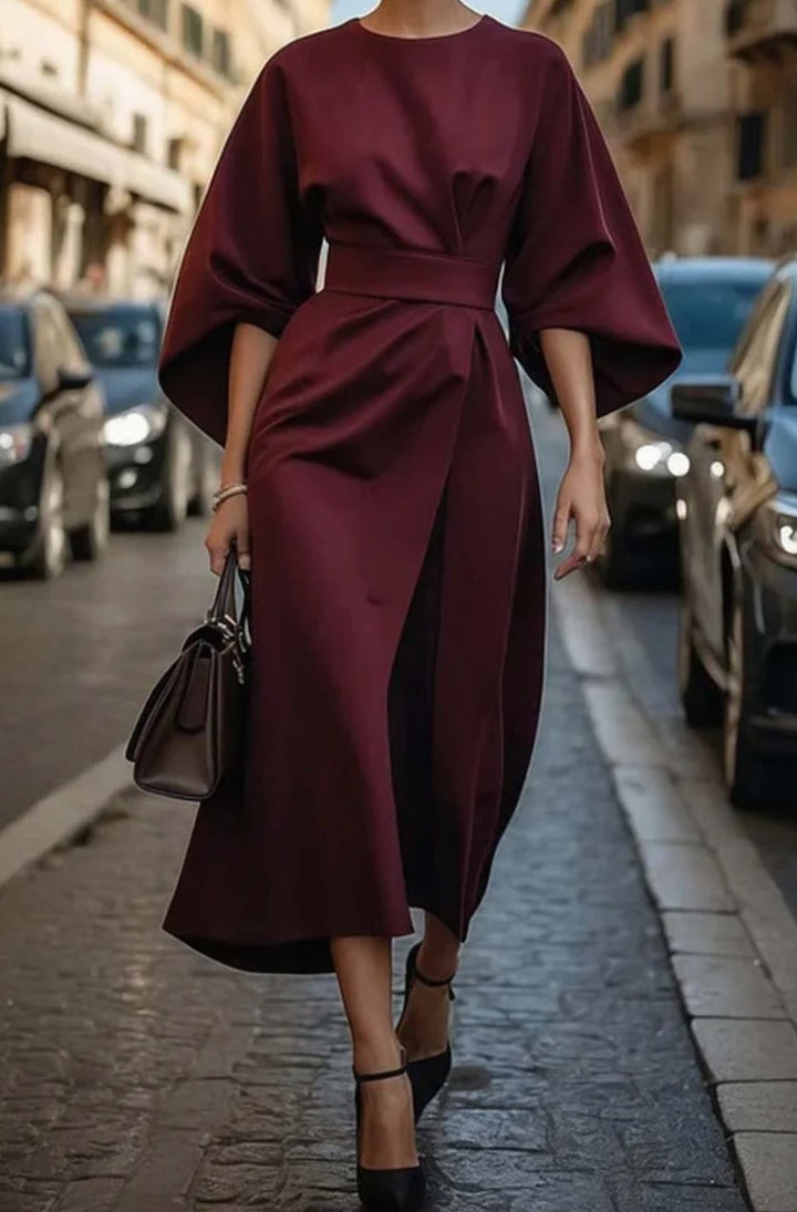 Damen Midikleid mit Taillengürtel weiten Ärmeln femininer Midi-Silhouette - Bordeaux