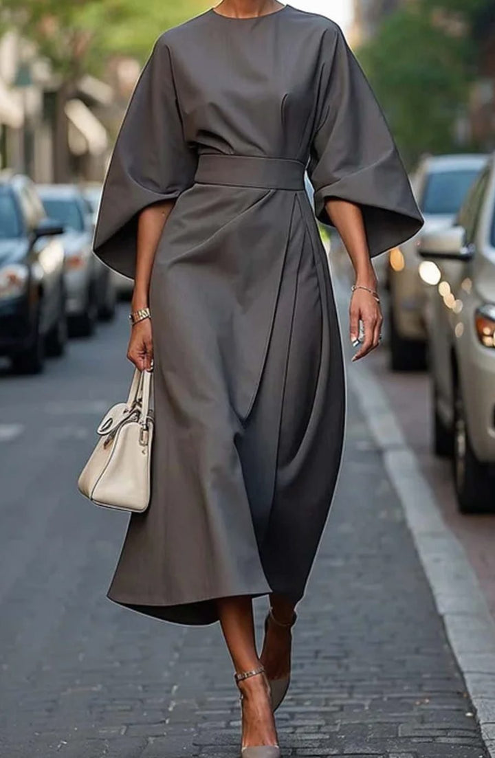 Damen Midikleid mit Taillengürtel weiten Ärmeln femininer Midi-Silhouette - Grau