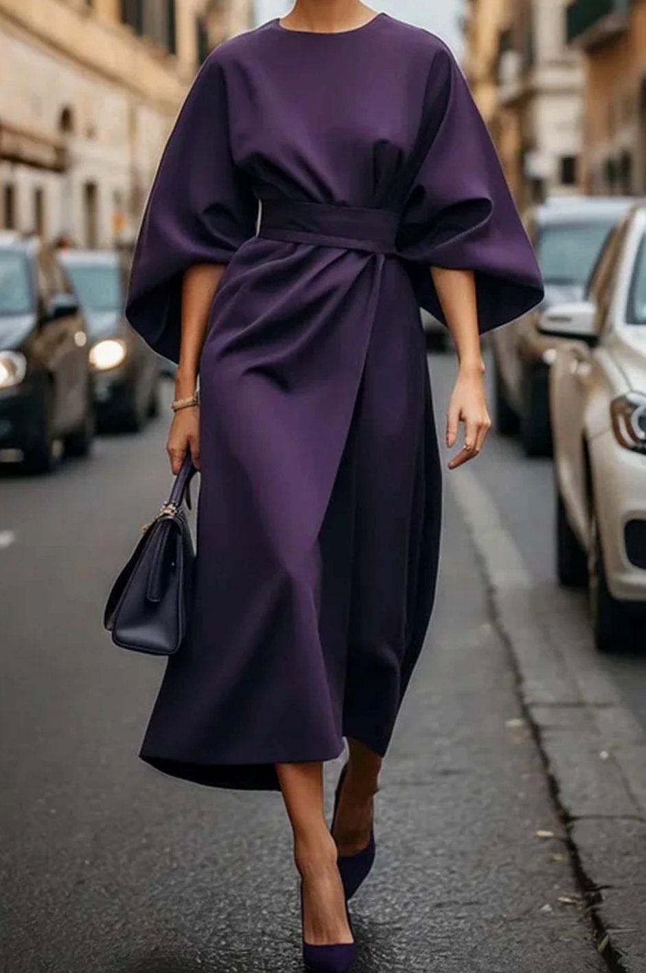 Damen Midikleid mit Taillengürtel weiten Ärmeln femininer Midi-Silhouette - Violett