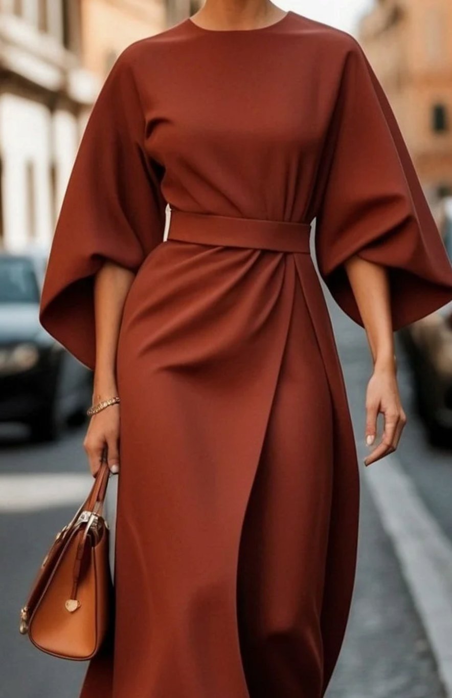 Damen Midikleid mit Taillengürtel weiten Ärmeln femininer Midi-Silhouette - Rostbraun
