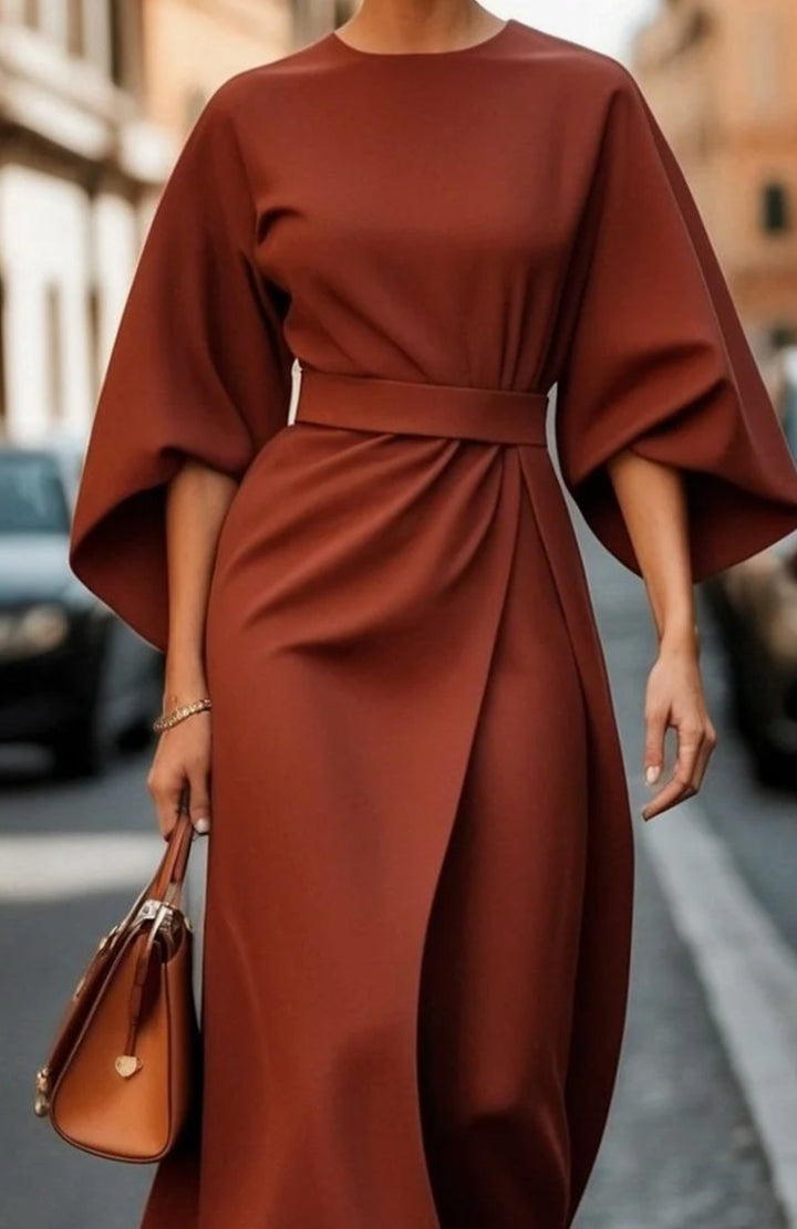 Damen Midikleid mit Taillengürtel weiten Ärmeln femininer Midi-Silhouette - Rostbraun