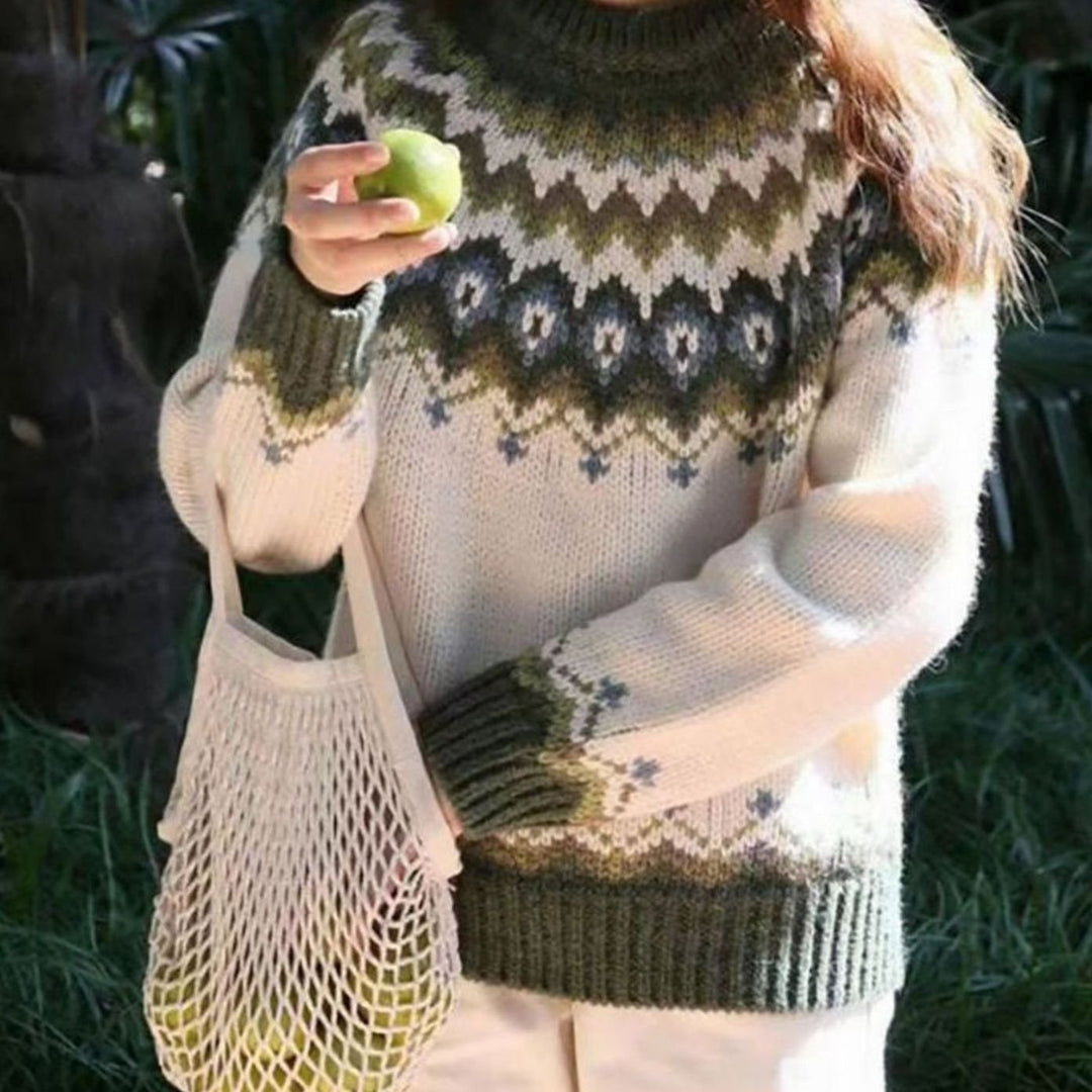 Damen Norweger-Strickpullover Fair-Isle-Muster Oversized Rundhalspullover für den Alltag - Grün