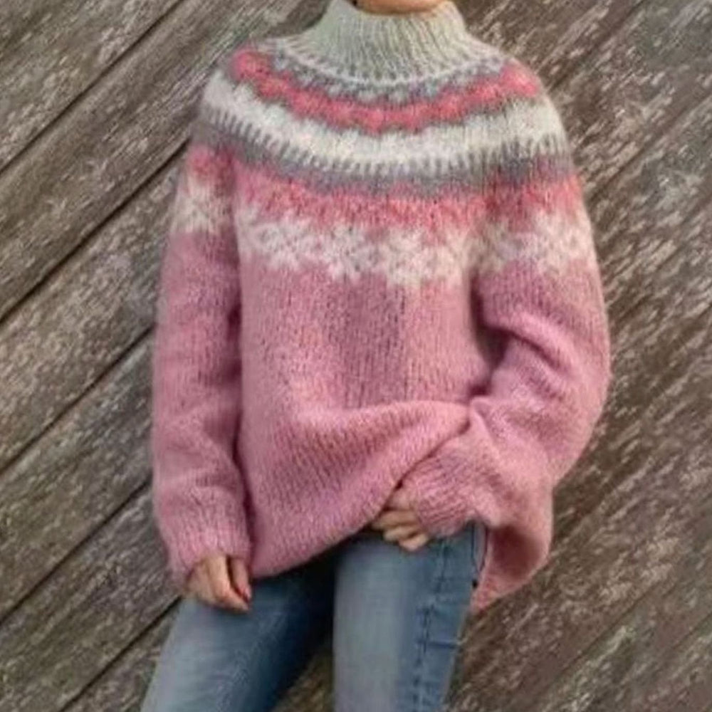 Damen Norweger-Strickpullover Fair-Isle-Muster Oversized Rundhalspullover für den Alltag - Rosa